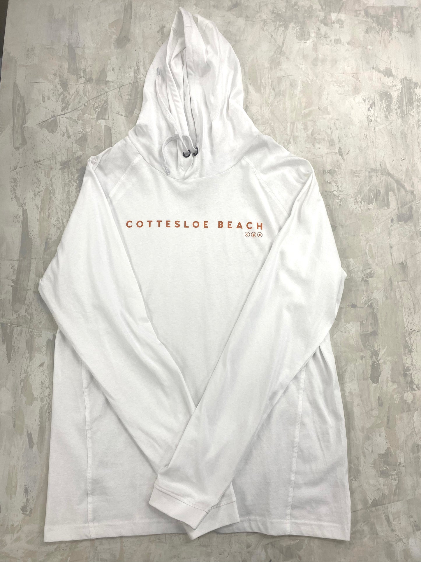 White Hooded T-Shirt - Orange Text