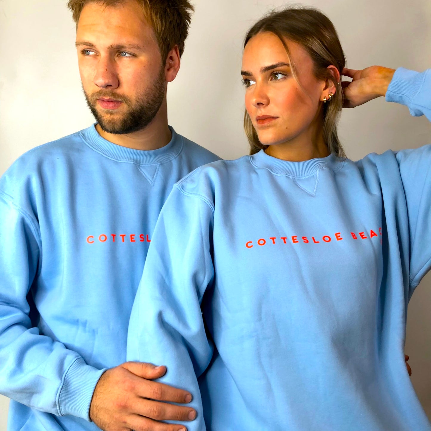 Sky Blue Unisex Crew Neck - Orange Text